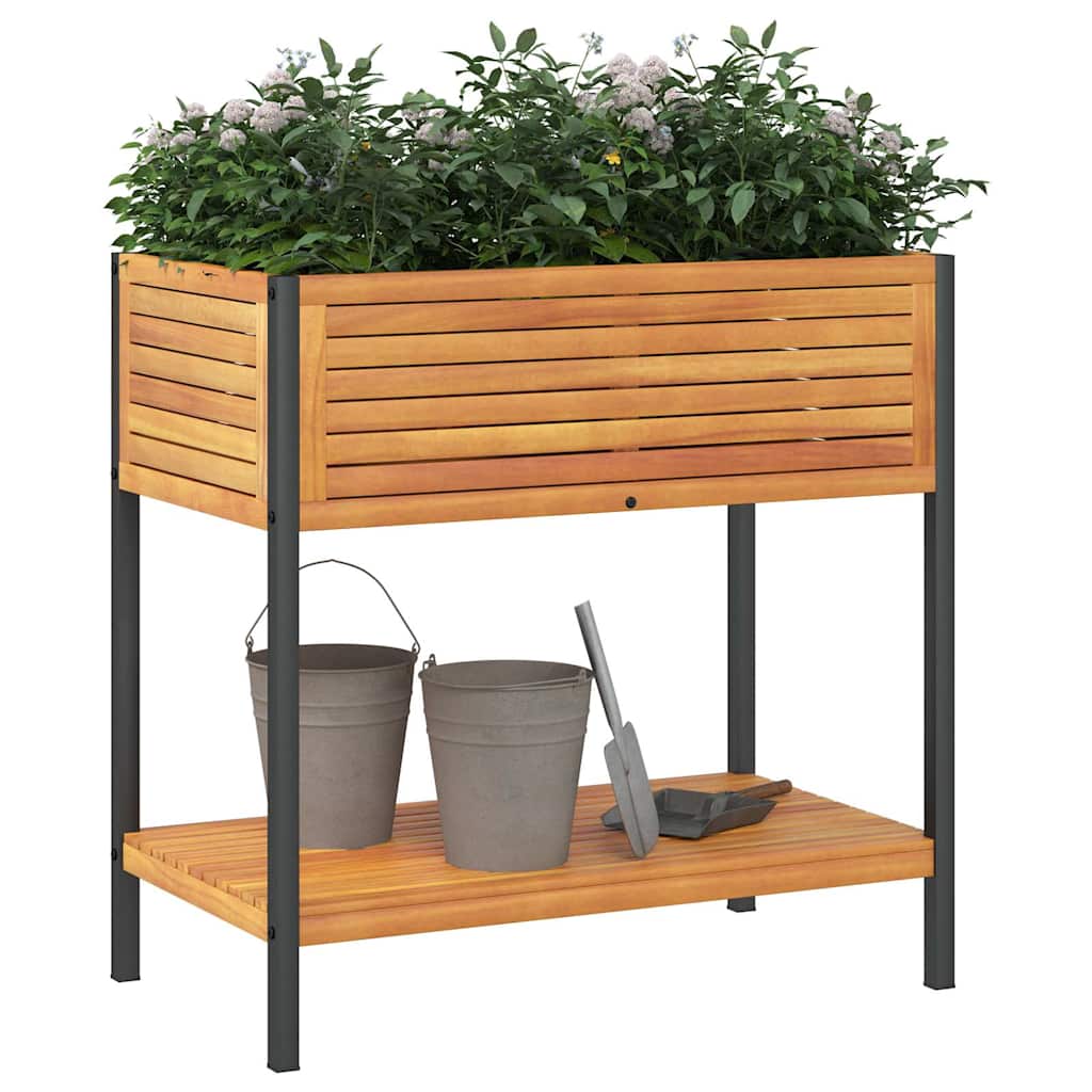 Jardinera Con Estante Madera Maciza Acacia Y Acero 80x45x80 Cm_2