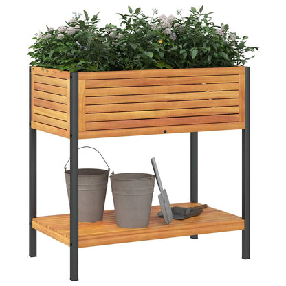 Jardinera Con Estante Madera Maciza Acacia Y Acero 80x45x80 Cm_2