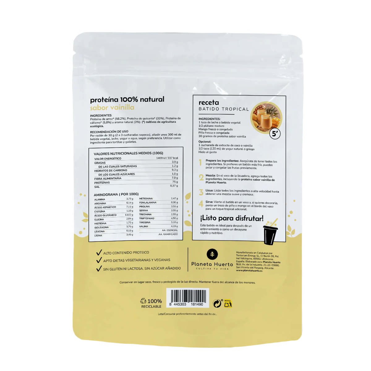 Eco 75% Baunilha Planeta Huerto Proteína Vegetal 500 g