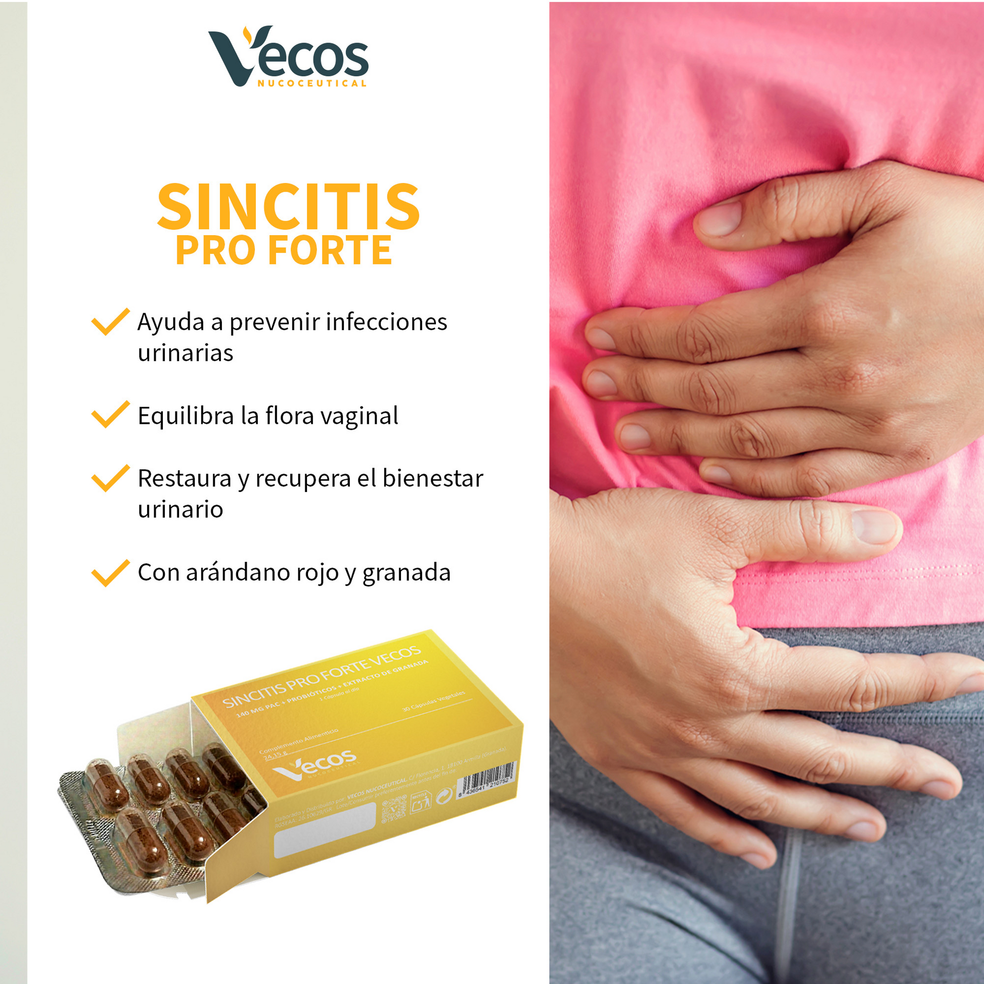 Sincitis Pro Forte VECOS (30 cápsulas) | Bienestar femenino, Prevención de Cistitis| Arándano rojo + Probióticos_3