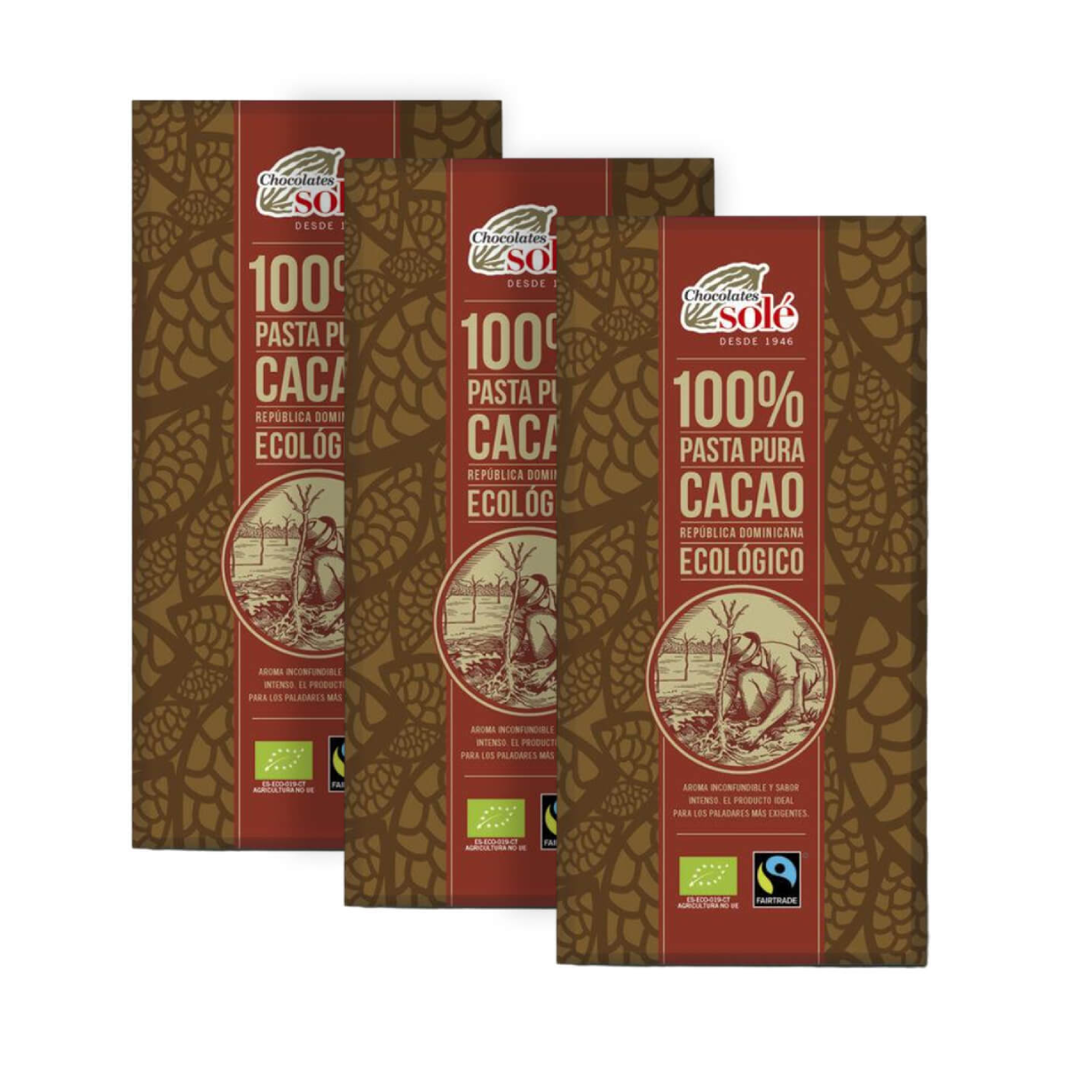 Embalagem de 3x Pasta de Cacau 100% Puro em Tabletes de Chocolates Solé 90 g
