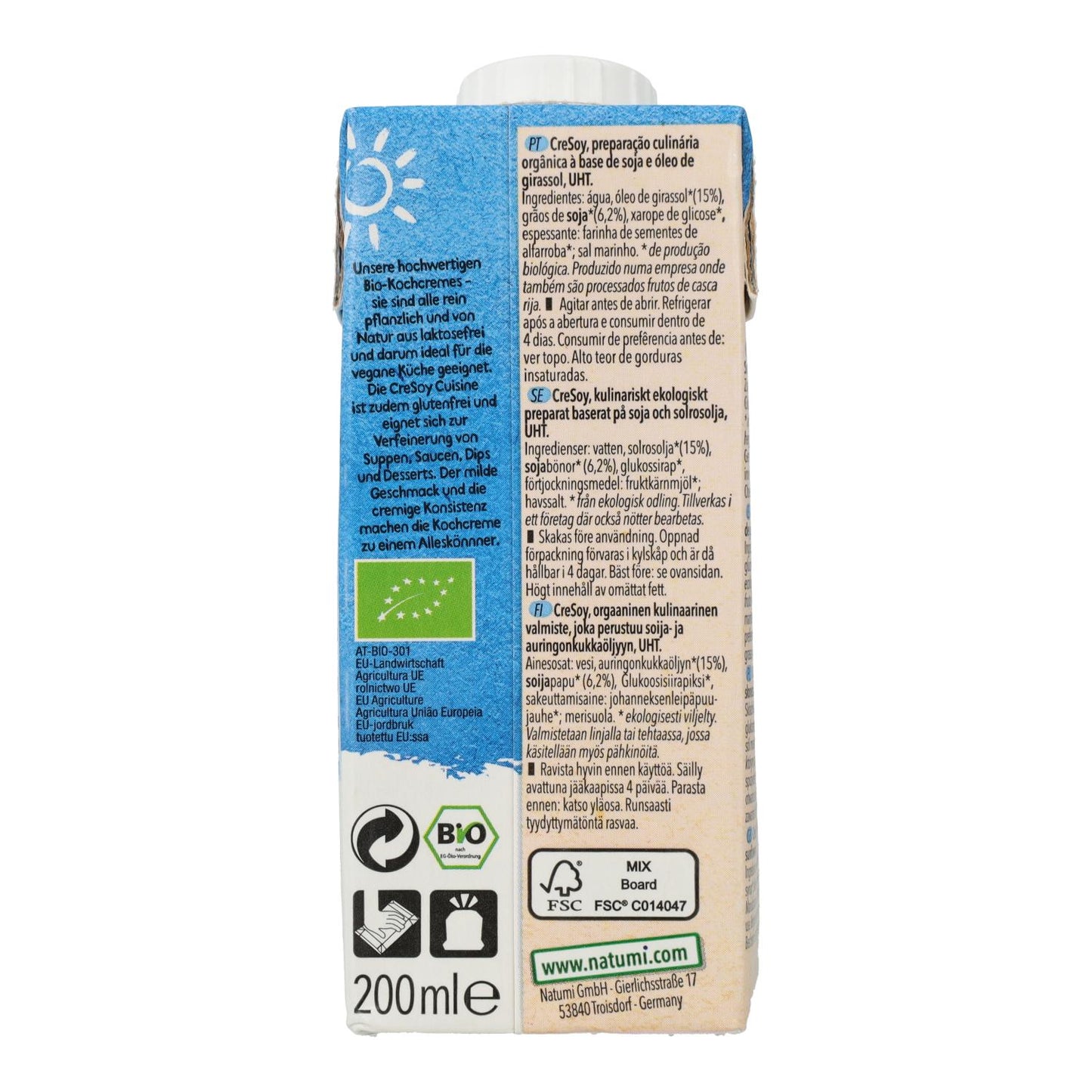 Natumi Creme de Soja Líquido Biológico para Cozinha, 200 ml
