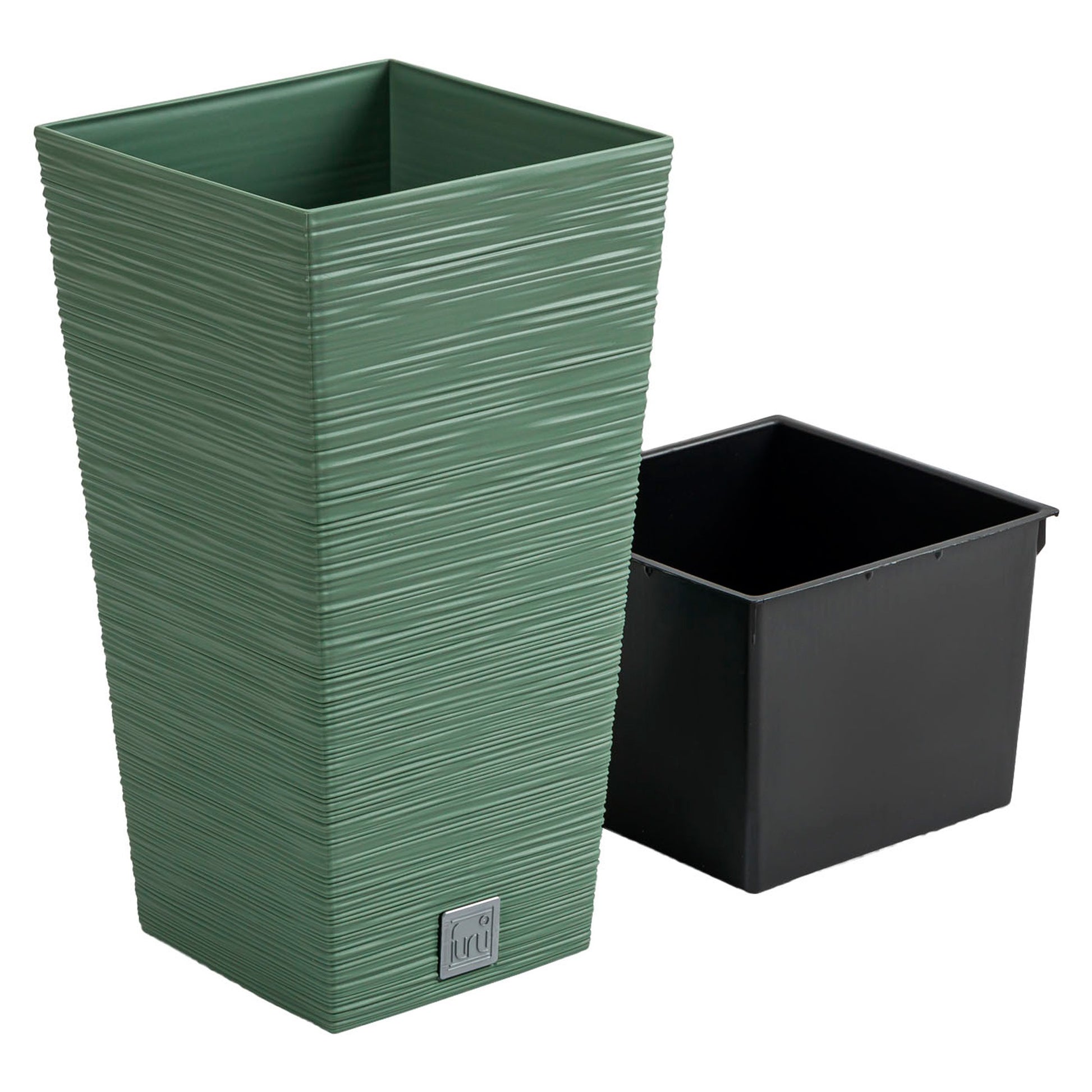 Macetero Color Verde Tierra, Con Depósito, Colección Furu, De 26,5 X 26,5 X 50 Cm, Capacidad De 11 L.