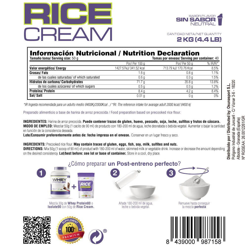 Rice Cream (crema De Arroz Pregelatinizada) - 2kg - Neutro - Fuente De Carbohidratos De Buena - Masmusculo_5
