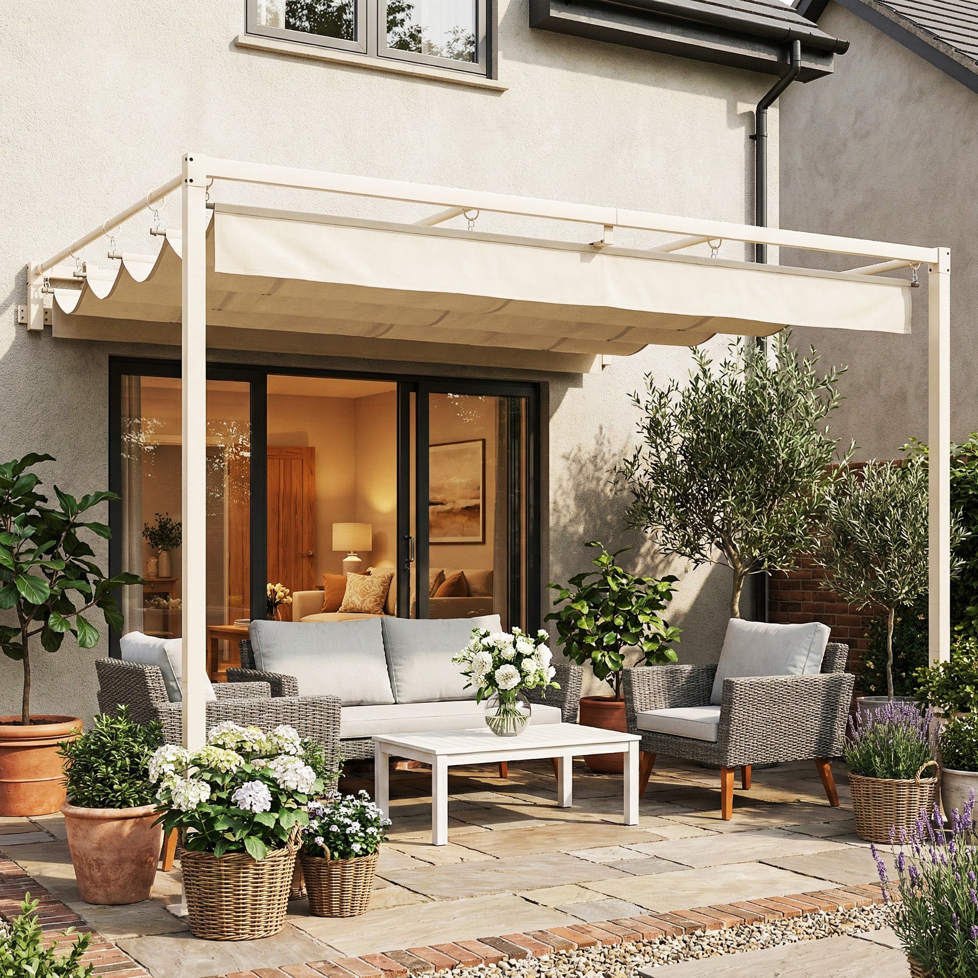 Outsunny Pérgola De Pared 3x3 M Con Techo Retráctil Upf30+ Beige_1