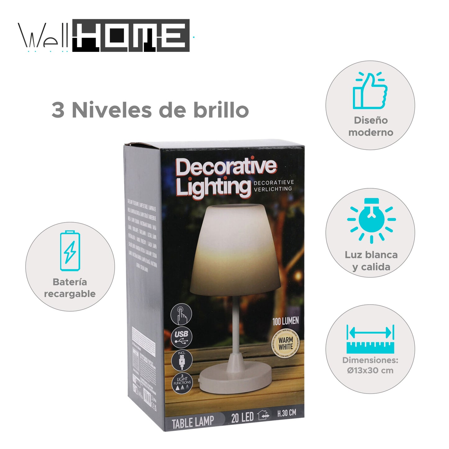 Well Home Lámpara De Mesa Led Touch Recargable Con 3 Niveles_1