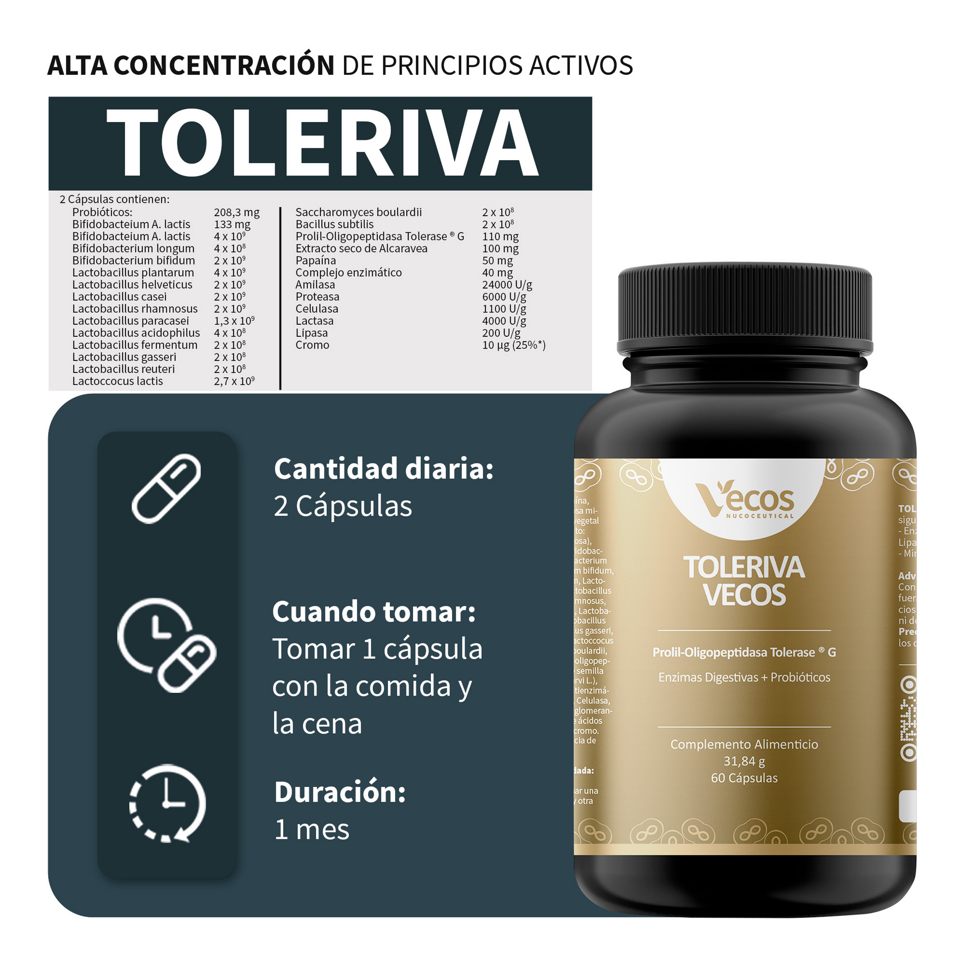 Toleriva Vecos 60 Cápsulas | Digestión Y Enzimas Digestivas | Probióticos, Lactasa Y Bromelaína_2