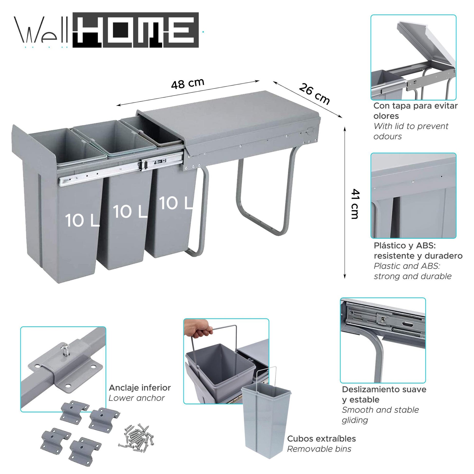 Cubo De Reciclaje 3x10l Bajo Fregadero, Extracción Manual Y Tapa_1