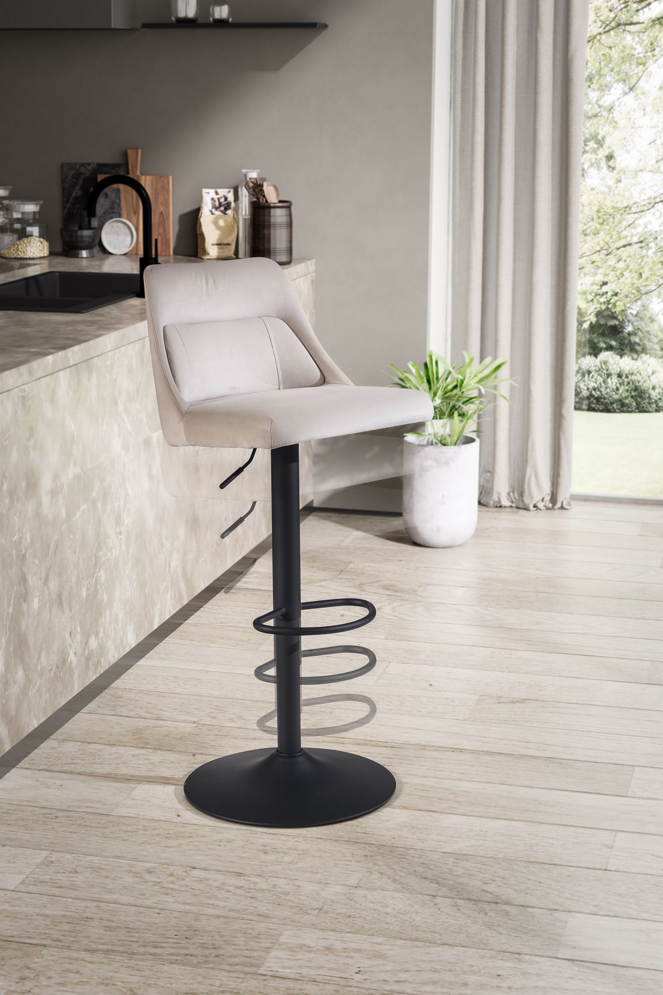 Taburete De Bar, Terciopelo Beige Con Respaldo 86 - 106 Cm_4