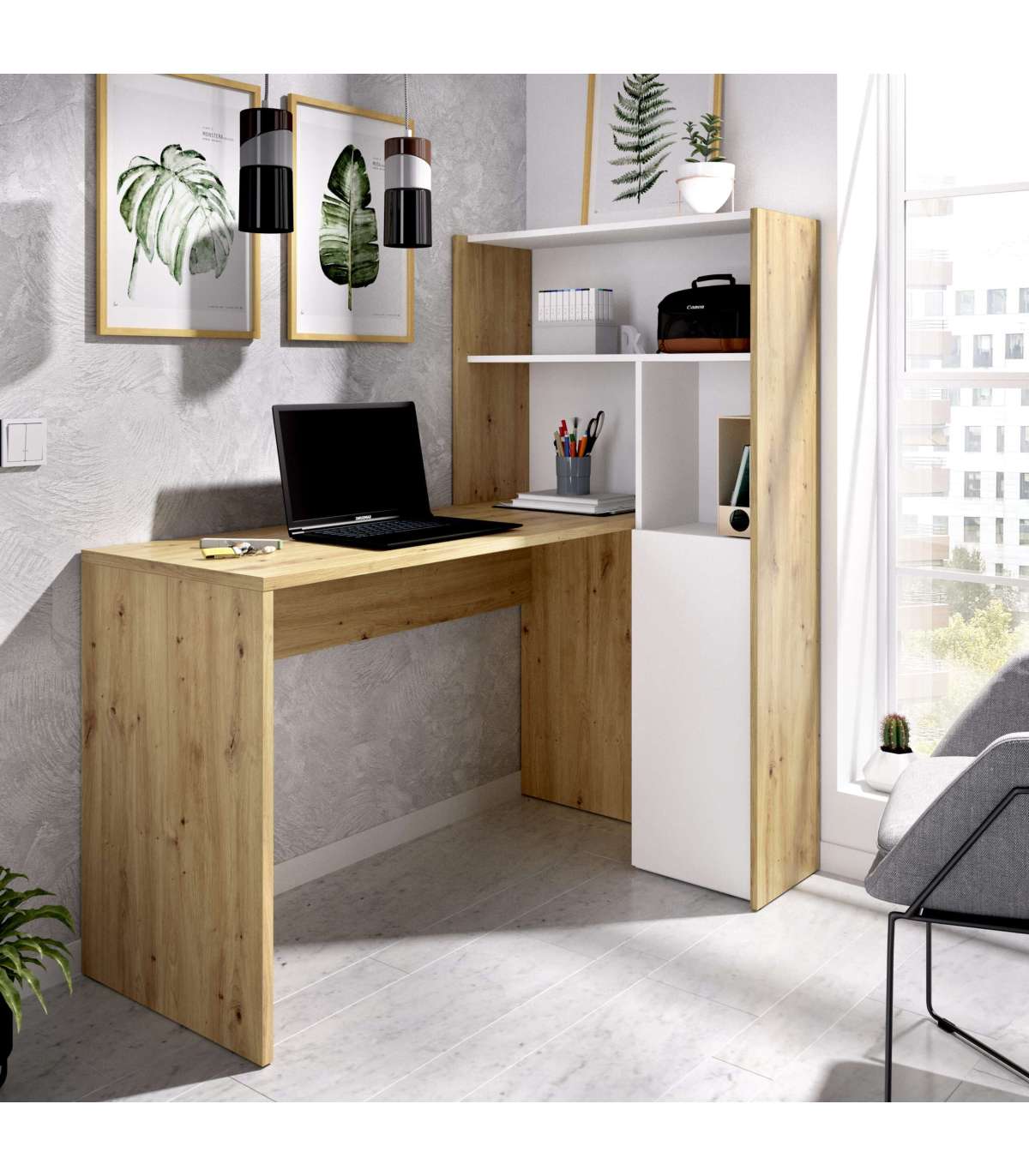 Mesa De Despacho Roc Con Estanteria 1 Puerta Acabado Blanco Nordic 138.5 Cm(alto)110.6 Cm(ancho)81.8 Cm(fondo)_0