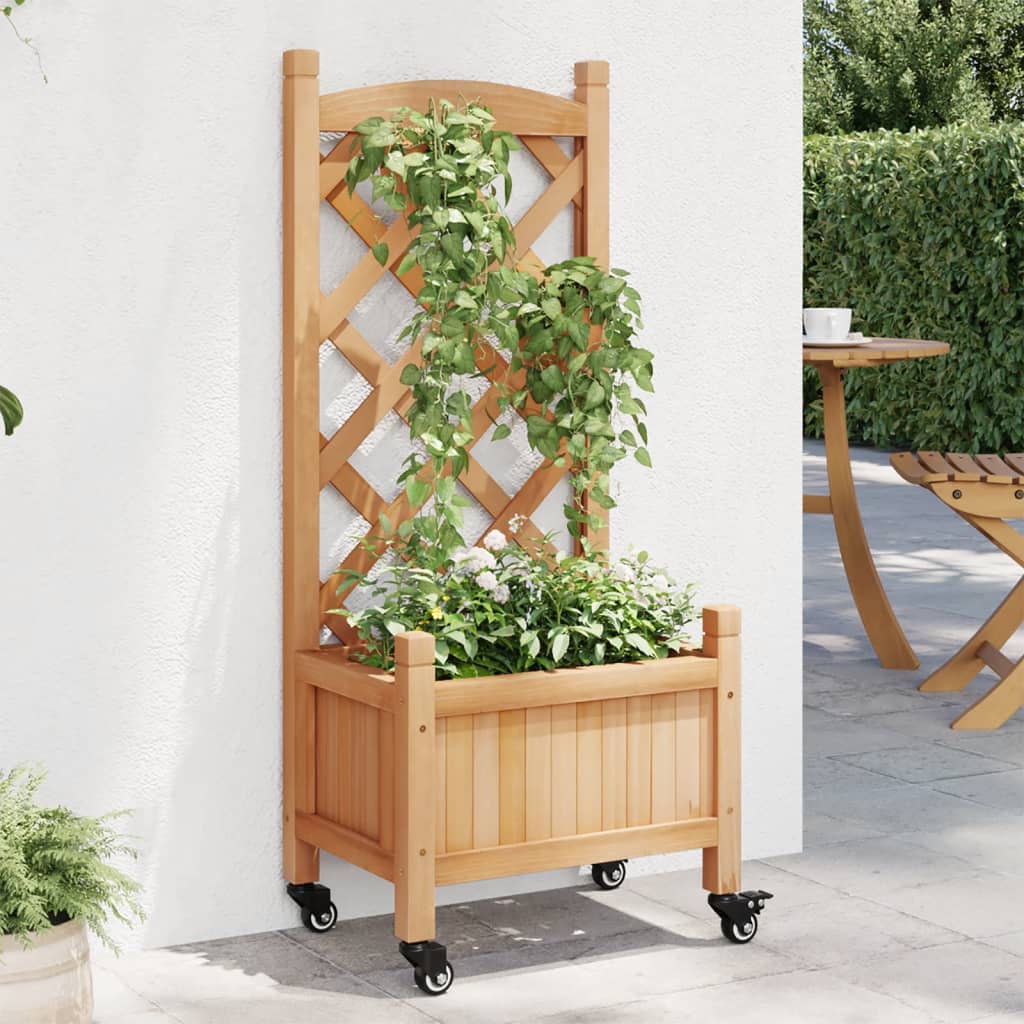 Jardinera Con Enrejado Y Ruedas Madera Maciza De Abeto Marrón_1