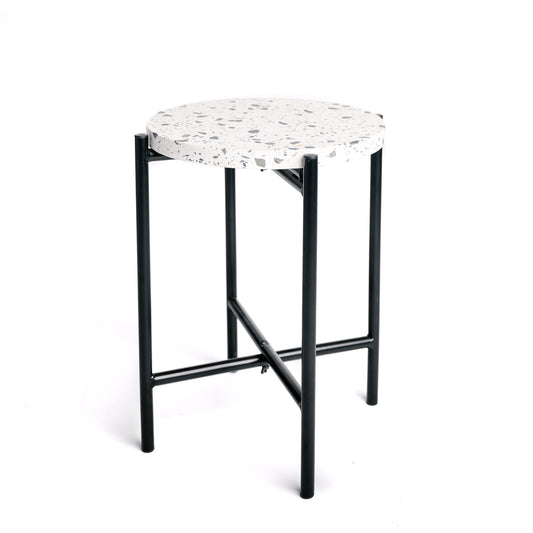 Mesa Auxiliar Redonda De Metal Negro Industrial, Tapa De Terrazo 33x40cm- Muebles De Salón- Mesa Auxiliar_0