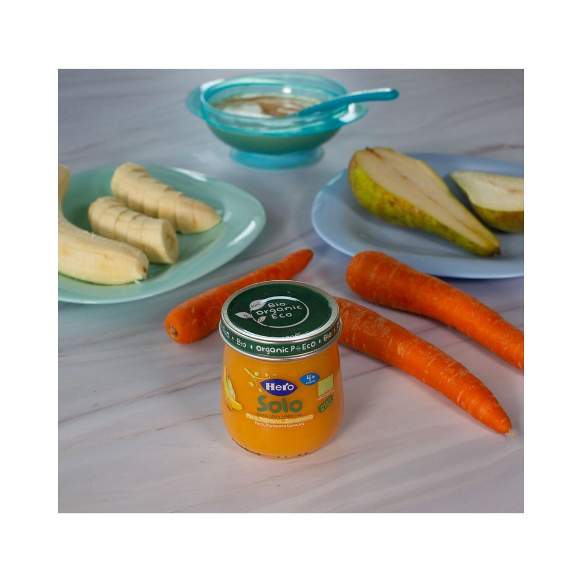 Embalagem de 6 frascos de 120 g de pera, banana e cenoura biológicas - Hero Solo