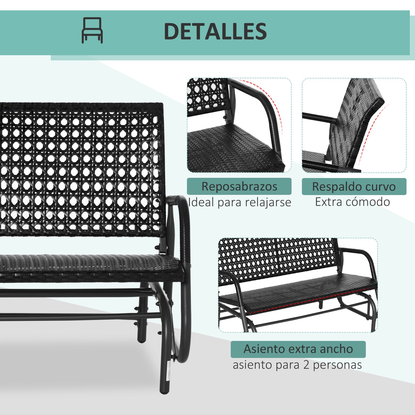 Outsunny Mecedora De Ratán De 2 Plazas Para Jardín Marco De Metal Negro_5