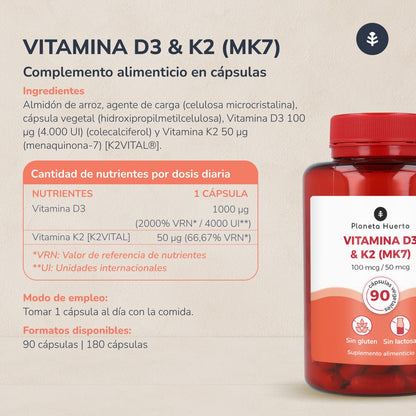 Vitamina D3 e K2 Mk7 Planeta Huerto 180 Cápsulas