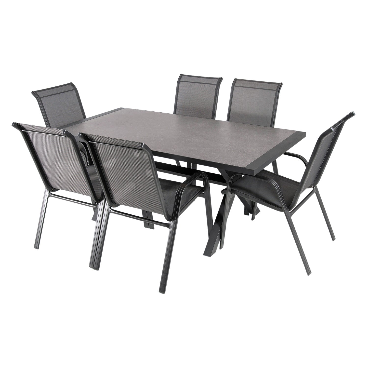 Conjunto Mesa Y Sillas De Jardín, Aluminio Reforzado Color Antracita, Mesa 180 Cm + 6 Sillones, Patas En Forma De X_0