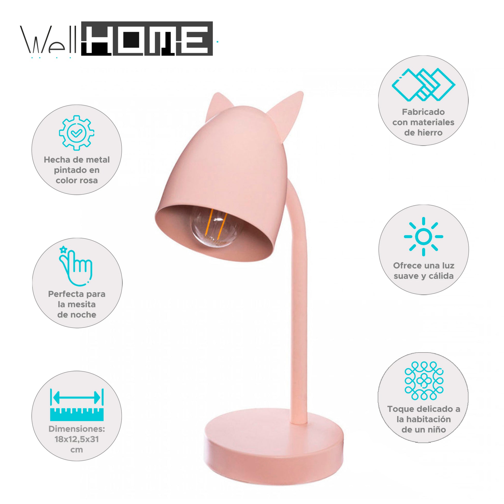 Wellhome Lámpara Infantil Orejas De Metal Rosa 18x12,5x31cm_1