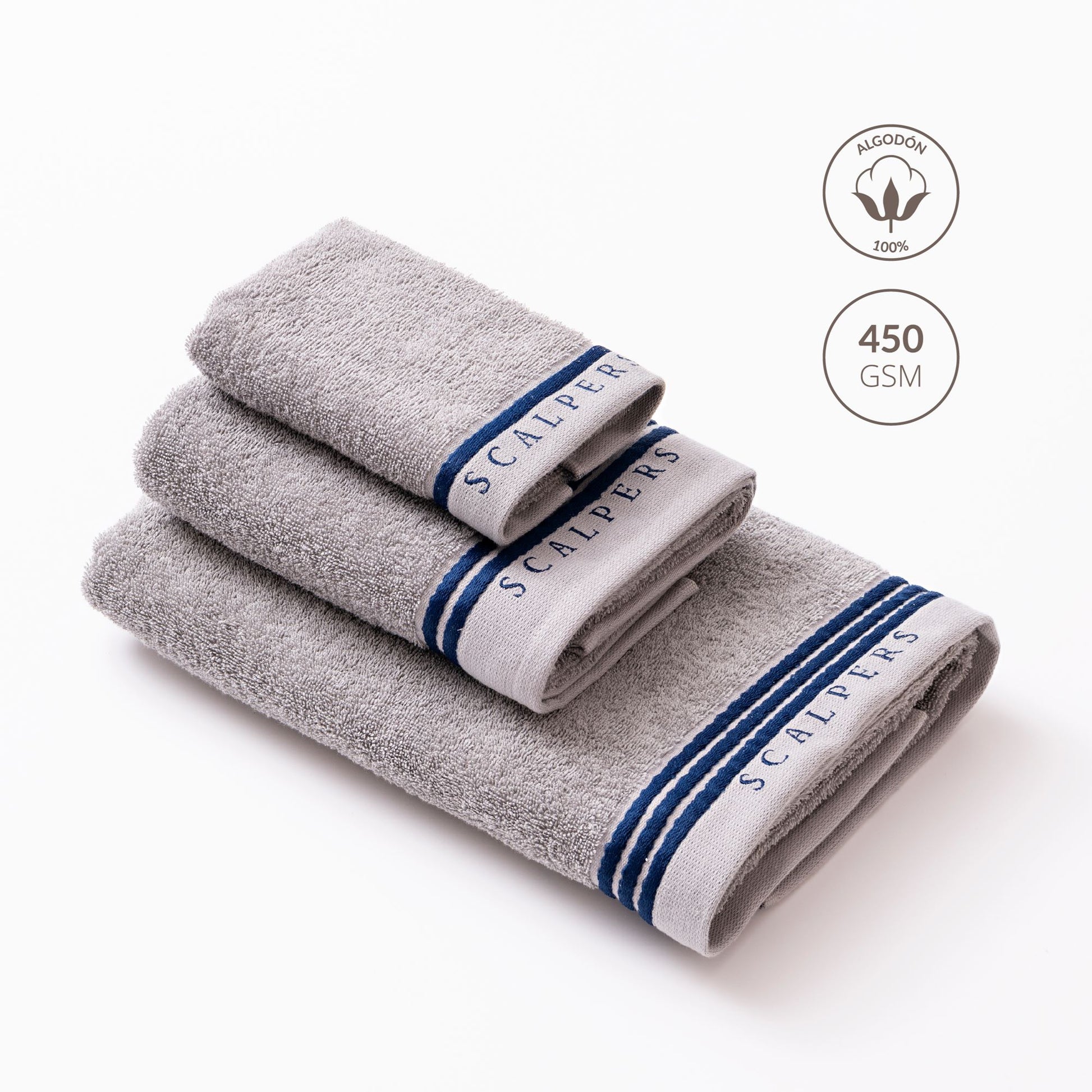 Set Toallas Baño (tocador 30x50cm + Manos 50x90cm + Baño 70x140cm) En Algodón Gris Con Azul Scalpers Home_1