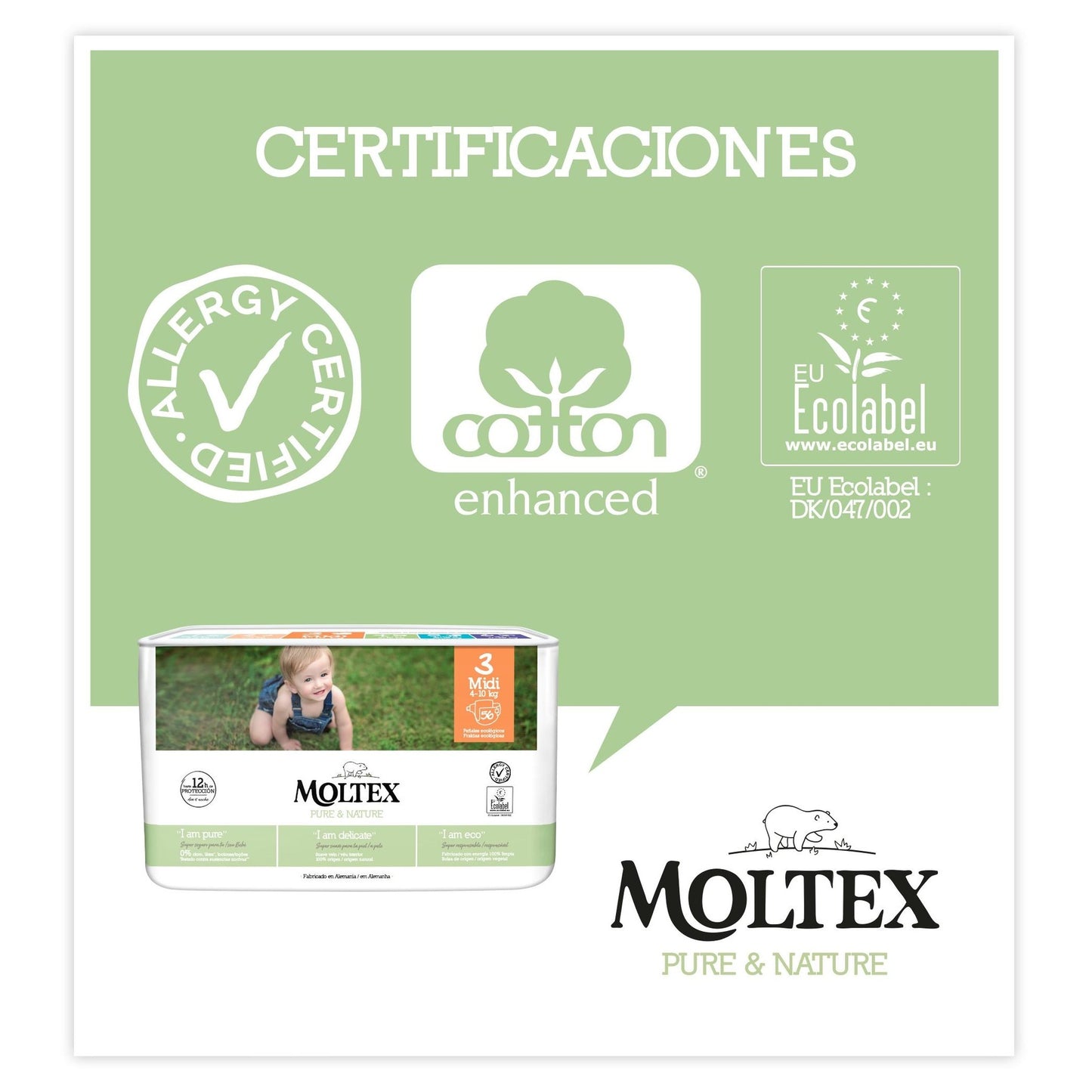 Fraldas T3 (4-10 kg) Moltex Pure &amp; Nature, 56 unidades