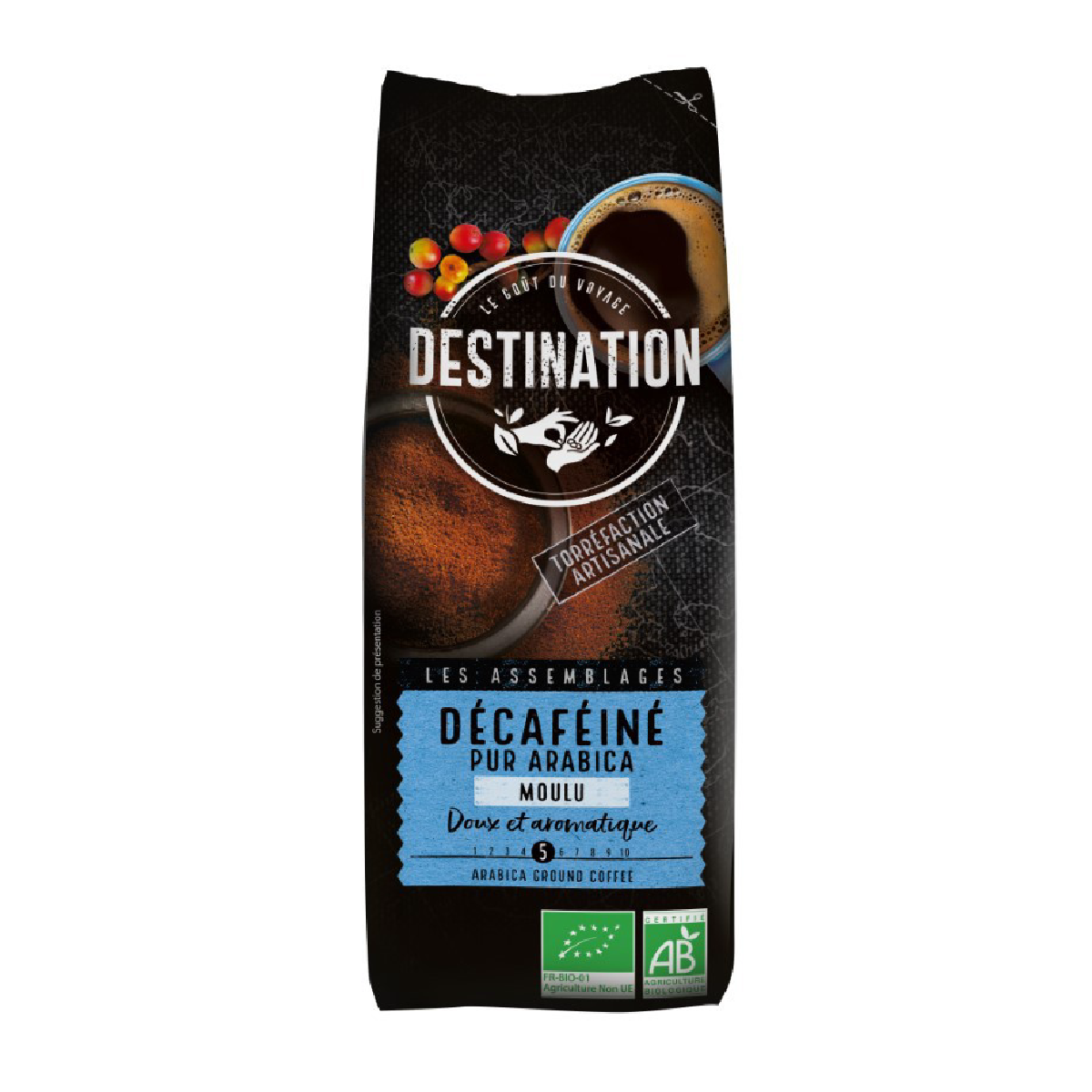 Café moído descafeinado suave 100% arábica biológico Destination 250g