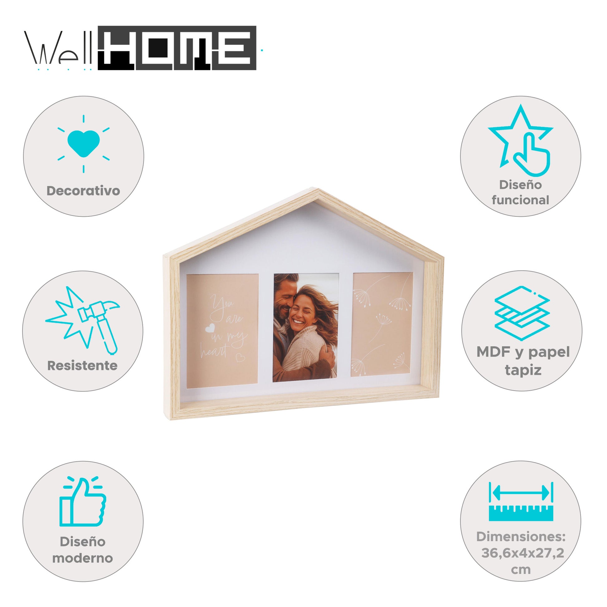 Well Home Marco De Fotos En Forma De Casa Con Diseño Natural 36,6x4x27,2cm Para 3 Fotos_1