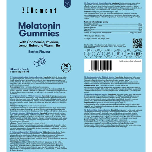 Gomas de melatonina com camomila, valeriana, erva-cidreira e vitamina B6 Zenement, 90 gomas