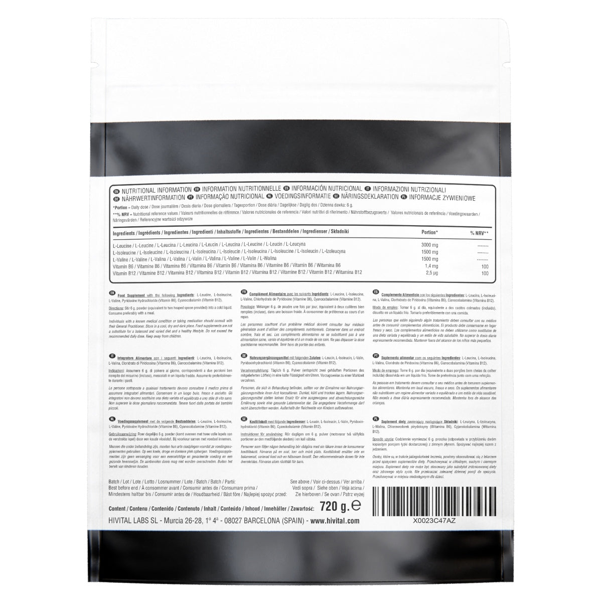 BCAA 2:1:1 6000 mg Hivital 720 gramas de pó vegan