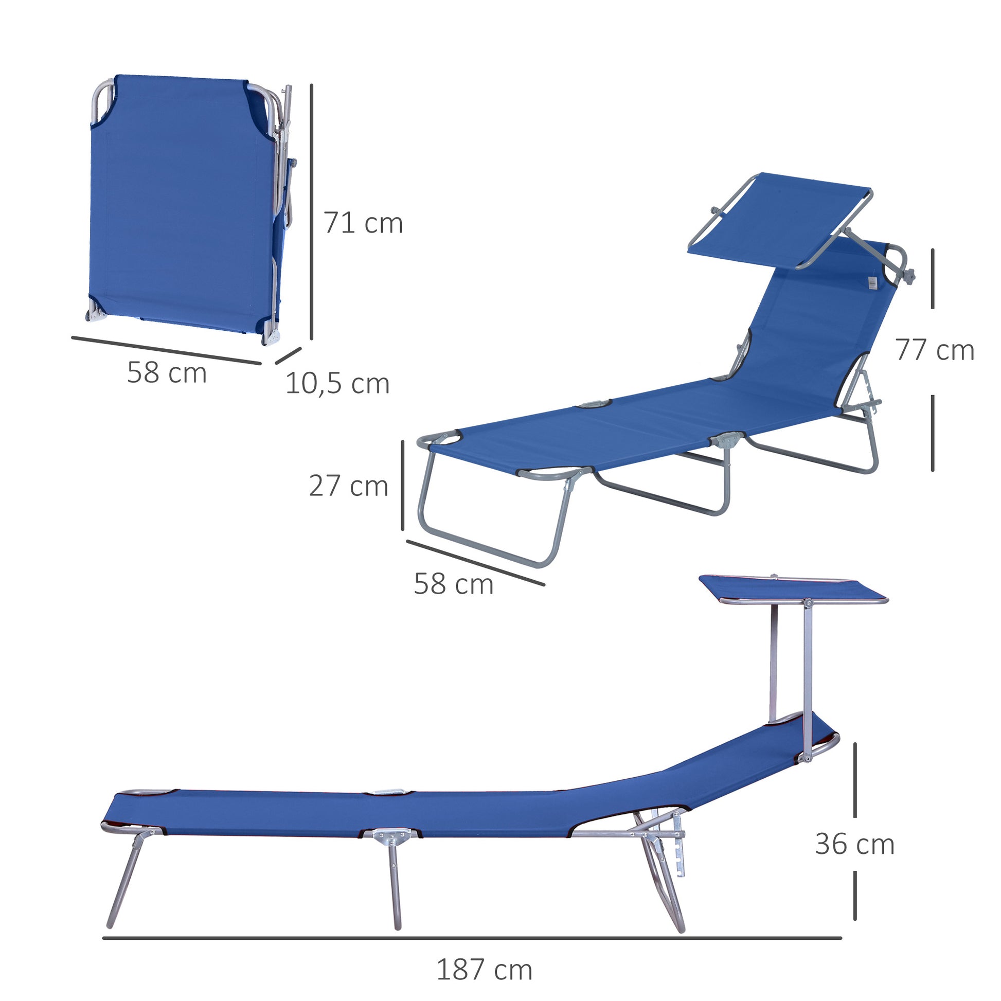 Outsunny Tumbona De Jardín Plegable Con Toldo Desmontable 187x58x36cm Azul_2