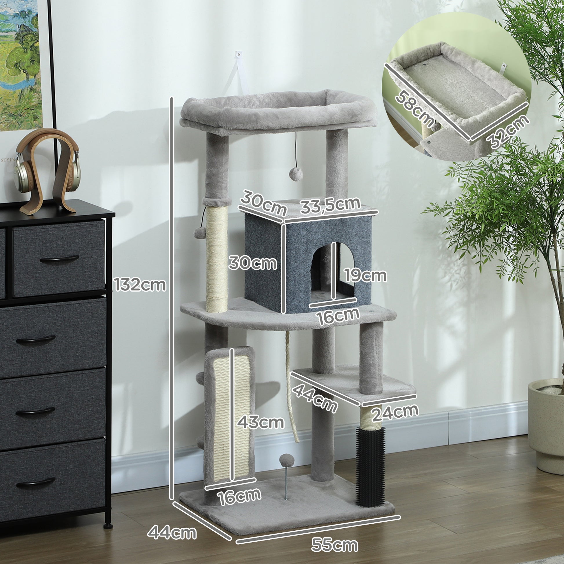 Pawhut Árbol Rascador Para Gatos Grande Altura 132 Cm Gris Claro_2