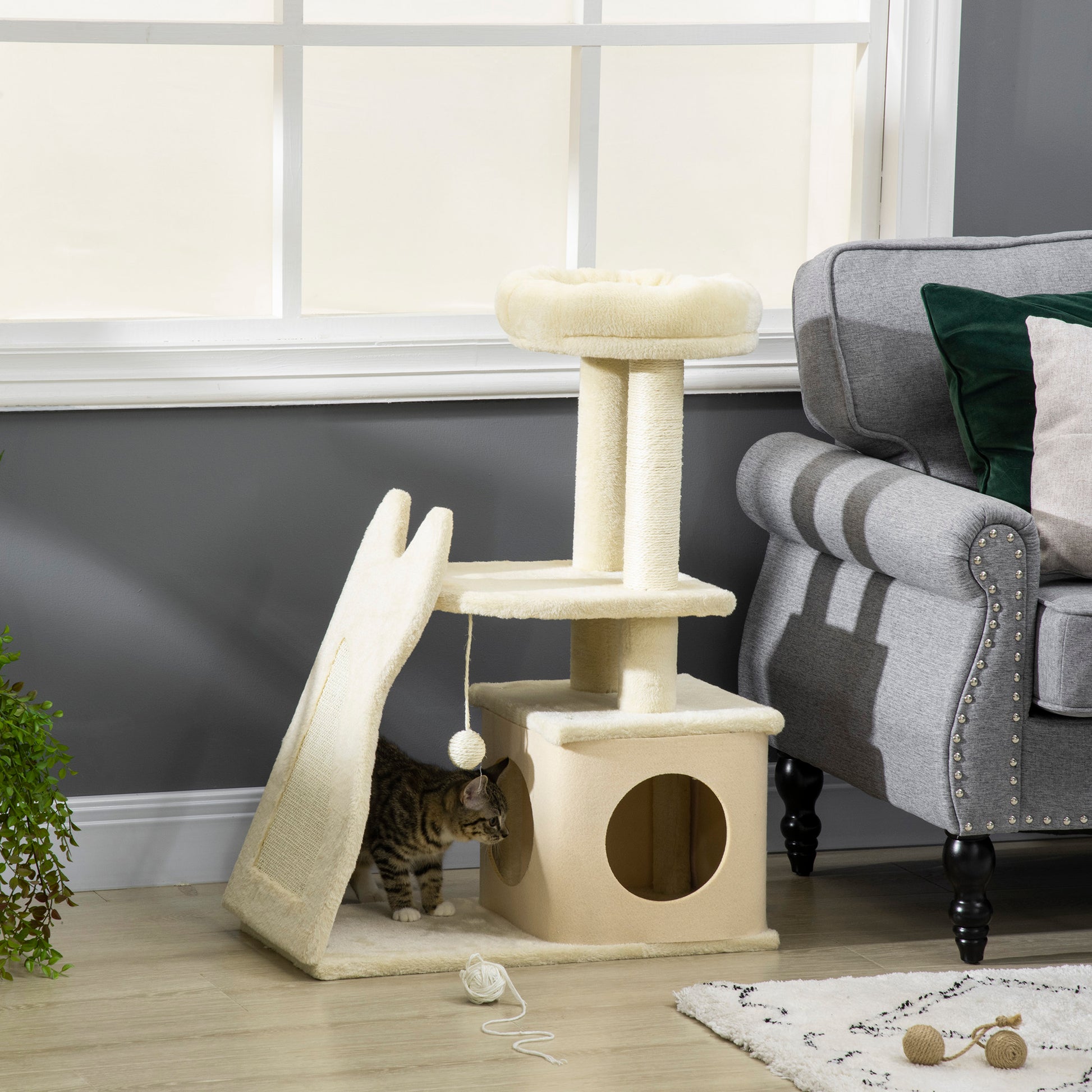 Pawhut Árbol Rascador Para Gatos Altura 83 Cm Con Cama Cueva Bola Colgante Rampa_1