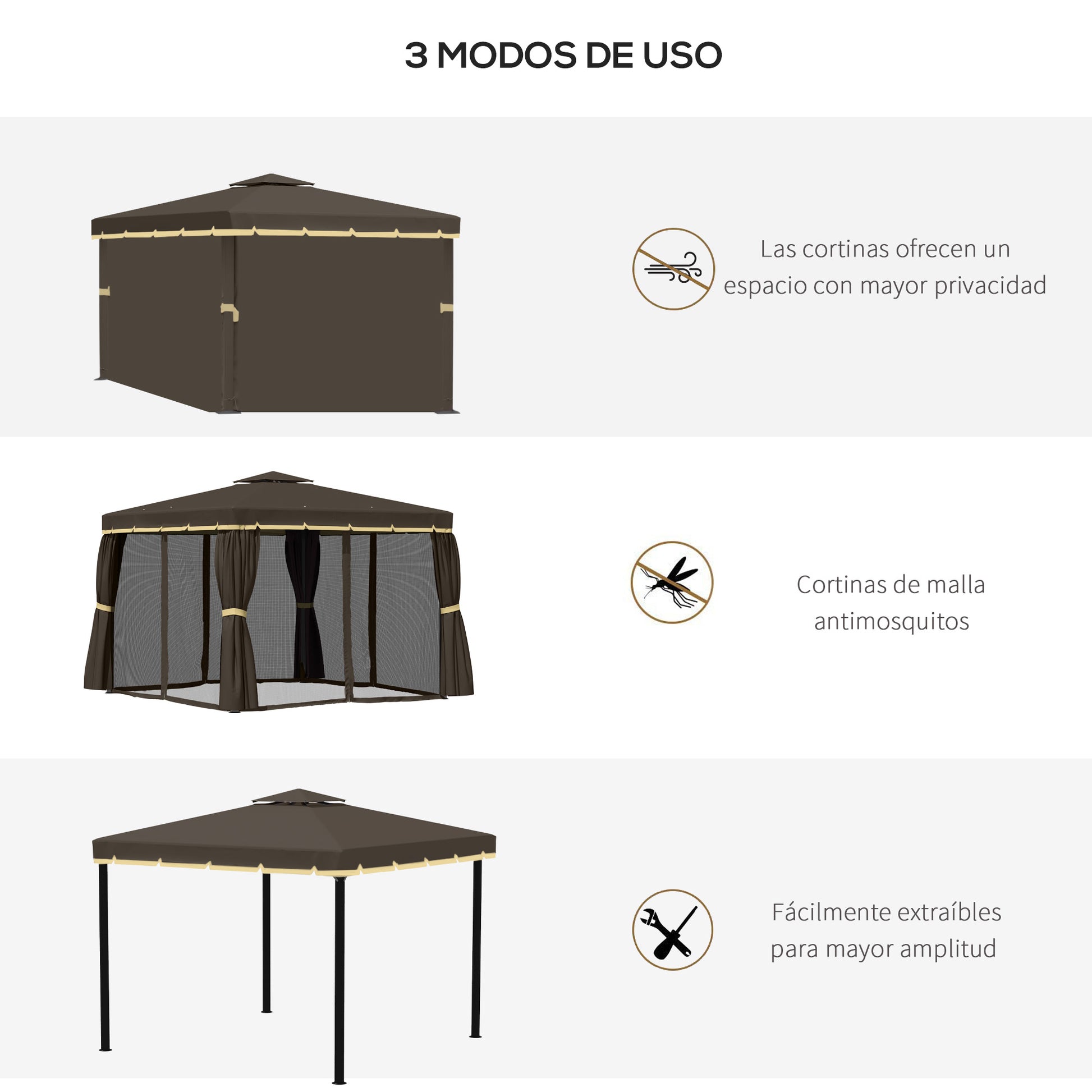 Outsunny Cenador De Jardín 3x3m Doble Techo Ventilación 4 Cortinas 4 Mosquiteras_5