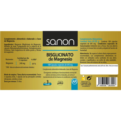 Bisglicinato de Magnésio SANON 100 cápsulas vegetais 550 mg