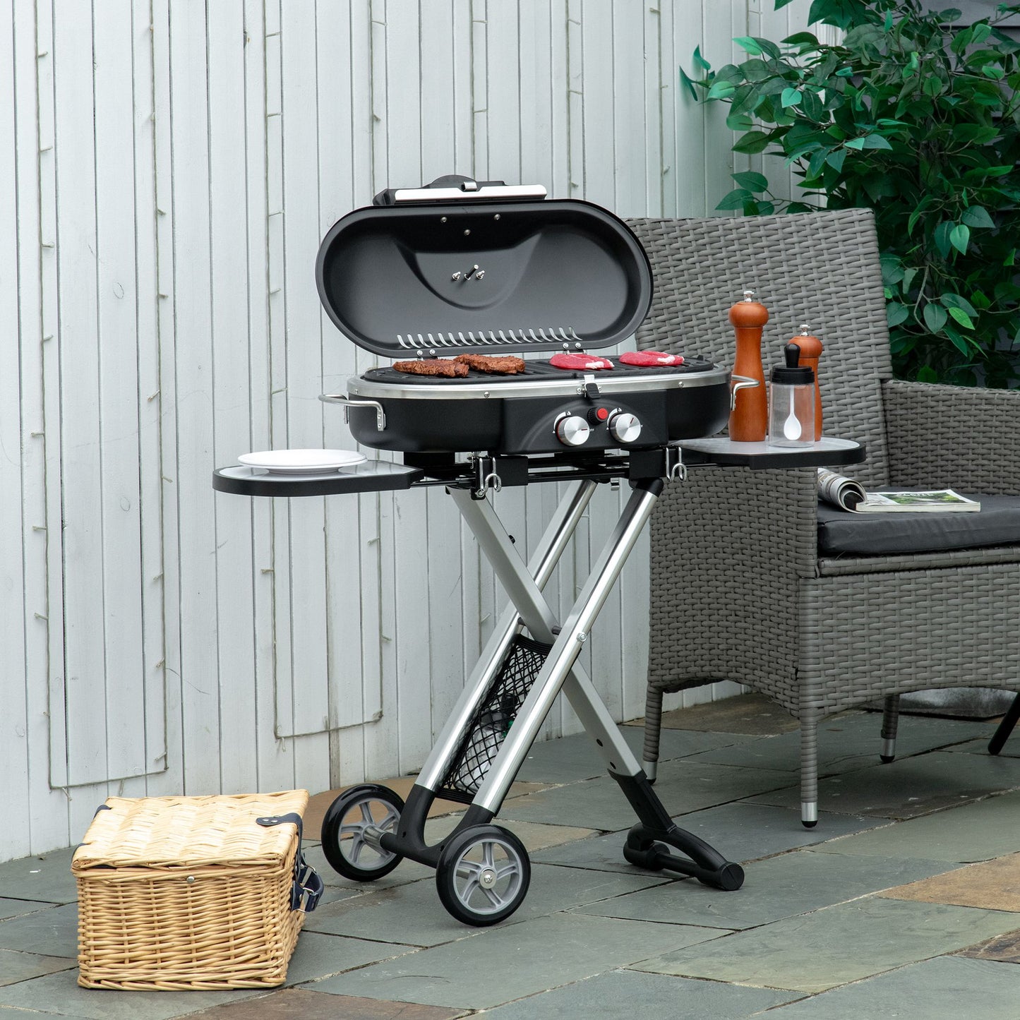 Outsunny Barbacoa De Gas 2,34 Kw Plegable Con 2 Quemadores Termómetro Y 2 Ruedas_1