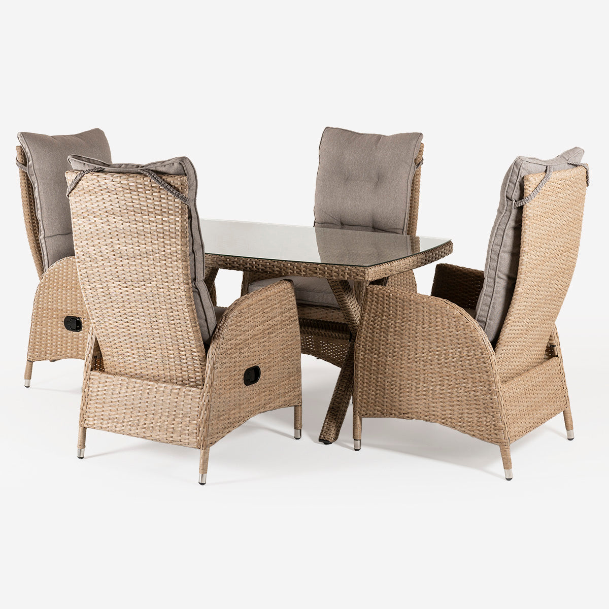 Conjunto Muebles Exterior, Mesa 140x80 Cm Y 4 Sillones Reclinables, Aluminio Y Rattán Sintético Plano Color Natural, 4 Plazas, Cristal Templado 5 Mm_2