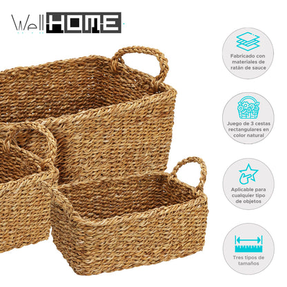 Juego De 3 Cestas Rectangulares Color Natural - Well Home_1