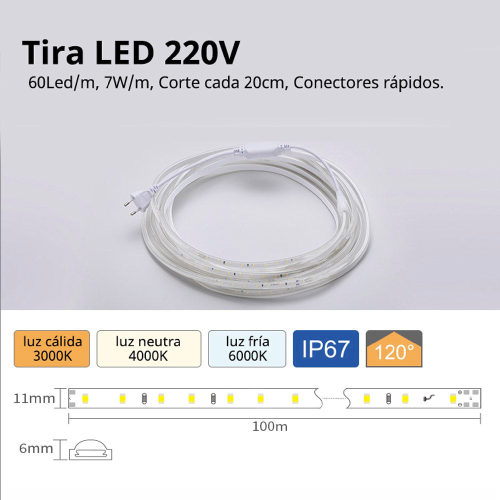 Tira Led 220v Smd2835, 60led/m, 1 Metro Con Conectores Rápidos, 20cm Corte, Blanco Frío_3