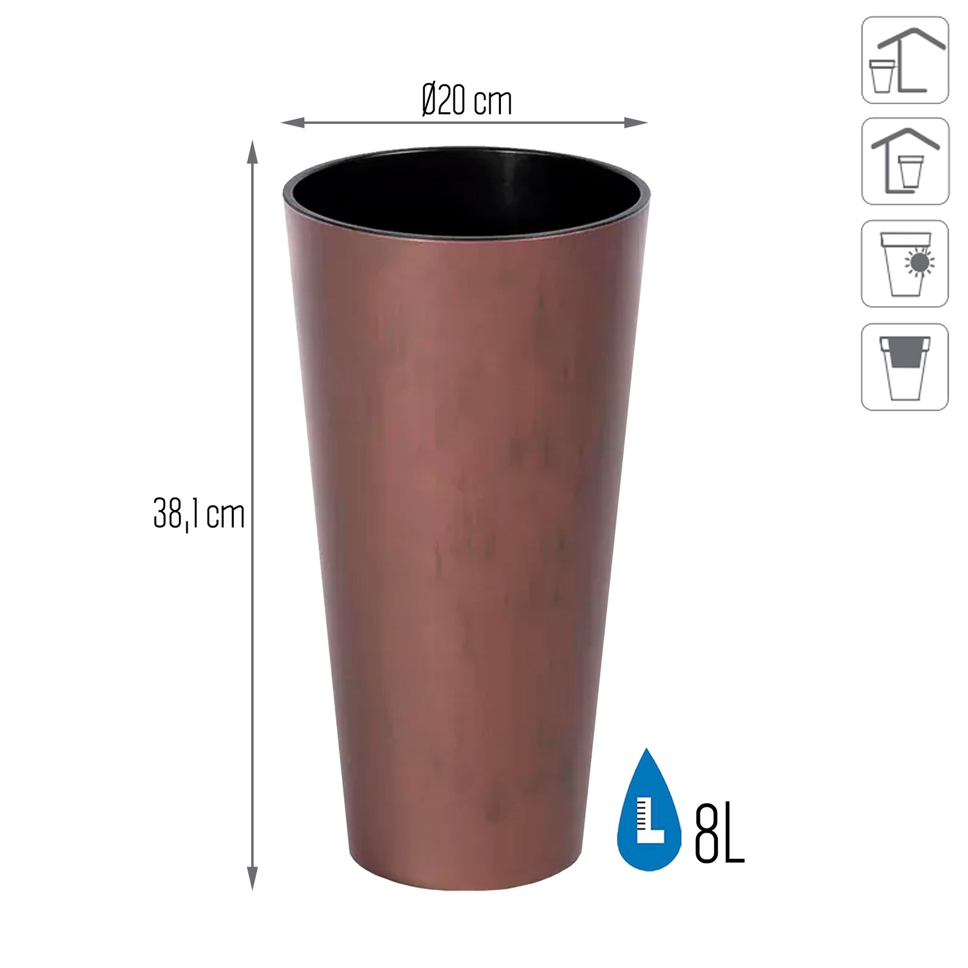 Maceta Tubus Slim Corten 8l., Con Depósito, Dimensiones (mm) 200x200x381, Color Cobre