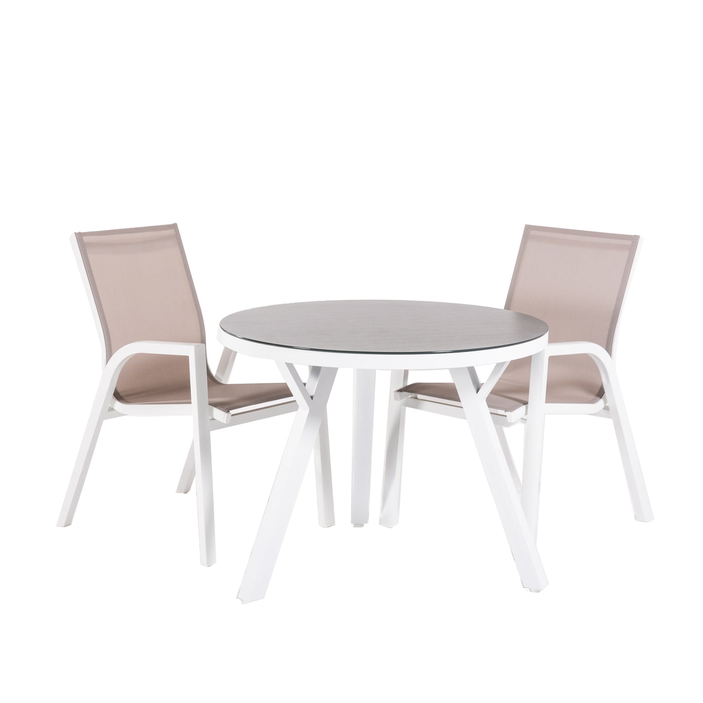 Conjunto De Mesas Y Sillas De Jardín,redonda 90 Cm, Cristal Templado, Color Blanco + 2 Sillones Reforzada_0