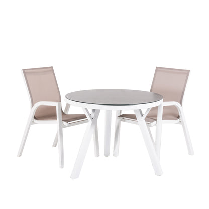 Conjunto De Mesas Y Sillas De Jardín,redonda 90 Cm, Cristal Templado, Color Blanco + 2 Sillones Reforzada_0
