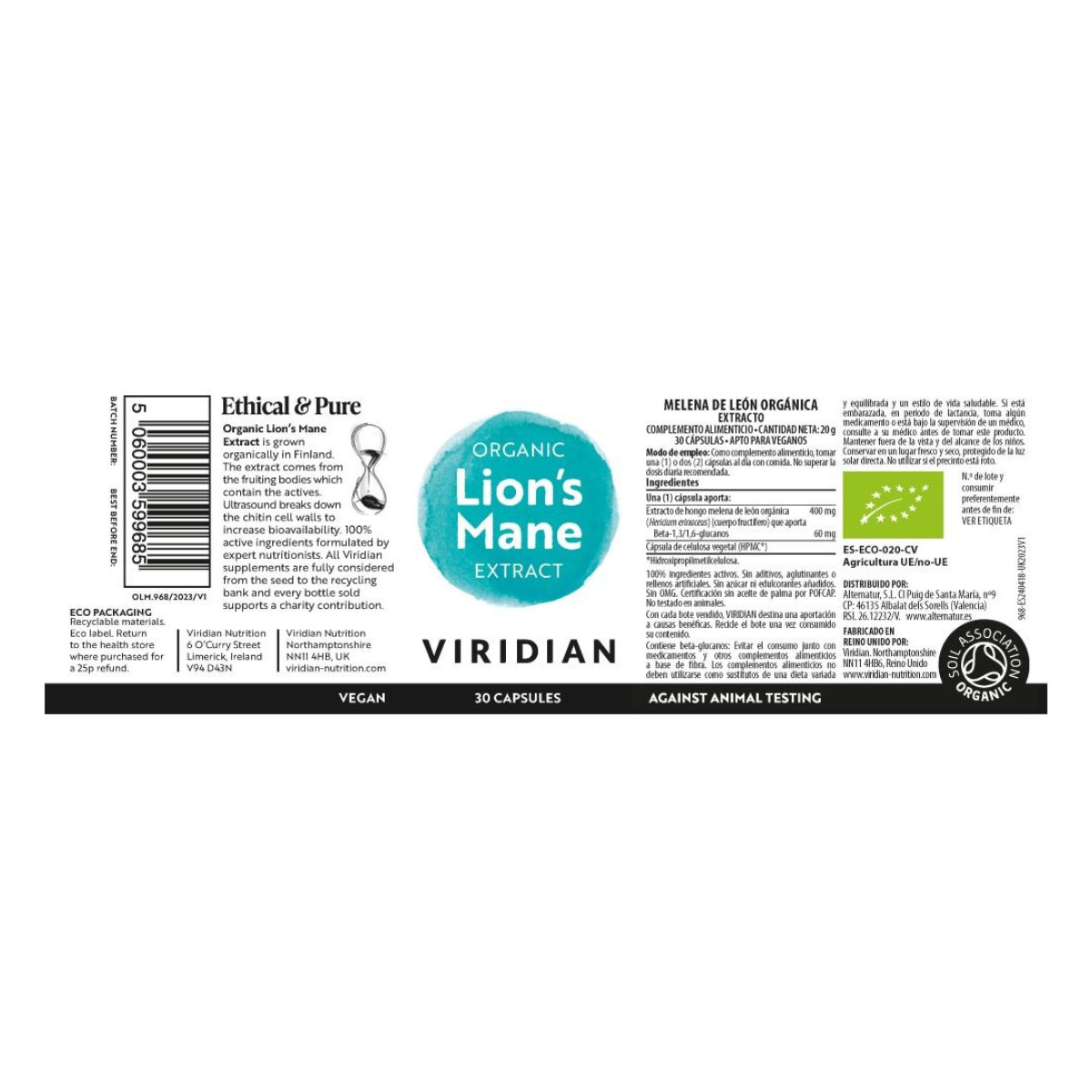 Extrato de Juba de Leão Orgânico Viridian 30 Cápsulas