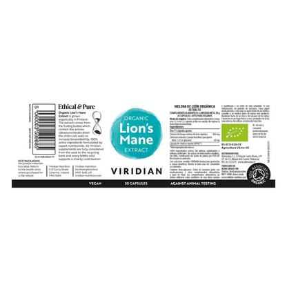 Extrato de Juba de Leão Orgânico Viridian 30 Cápsulas