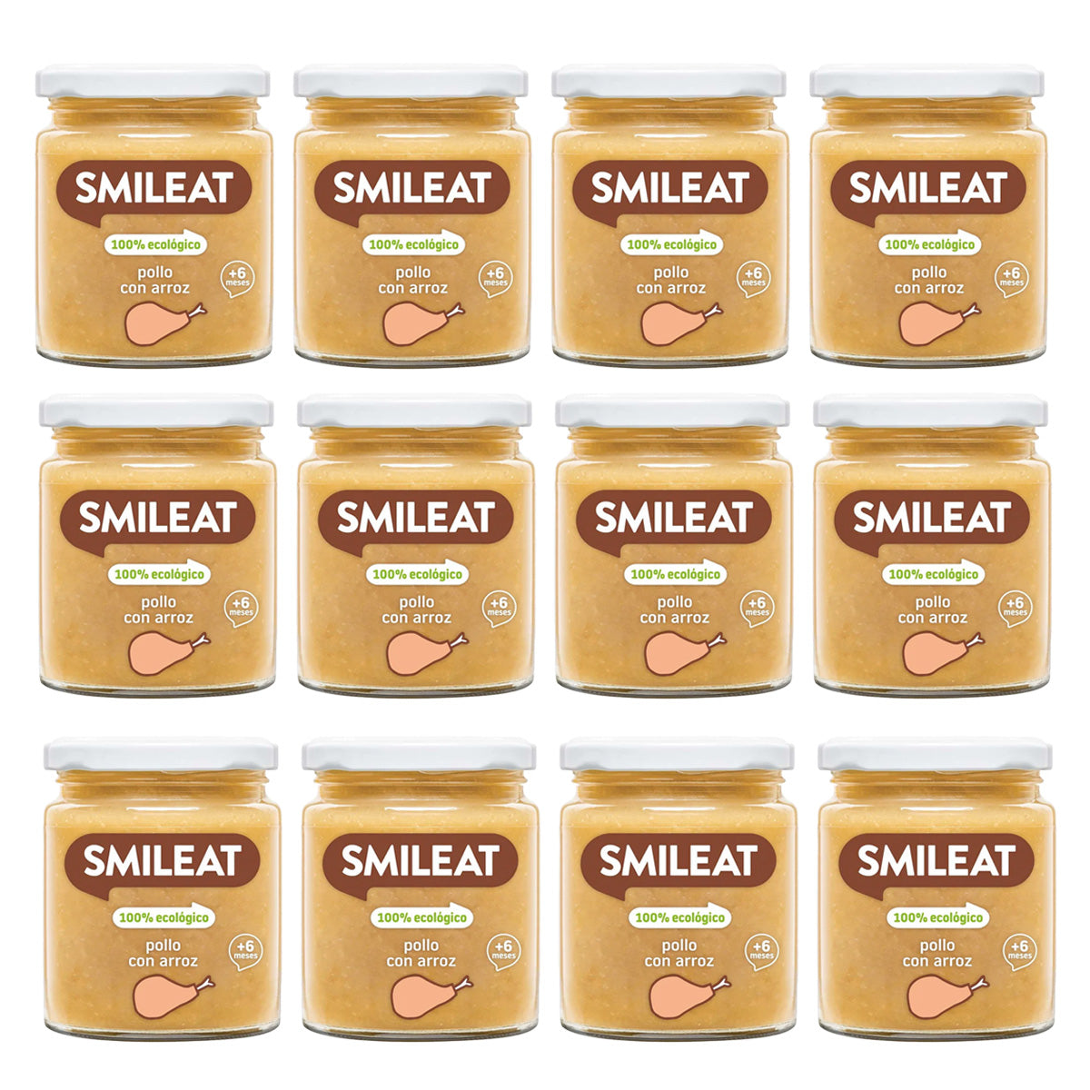 Embalagem de 12 frascos dourados de frango biológico com arroz + 6 meses Smileat, 230g