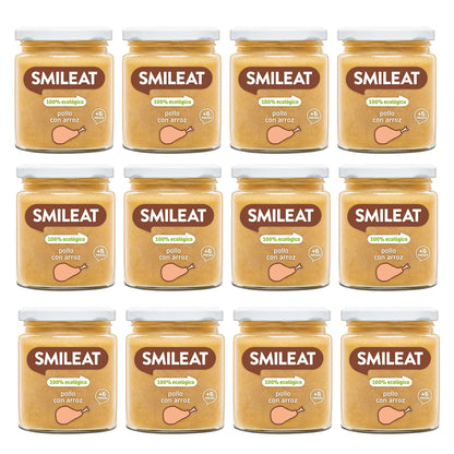 Embalagem de 12 frascos dourados de frango biológico com arroz + 6 meses Smileat, 230g
