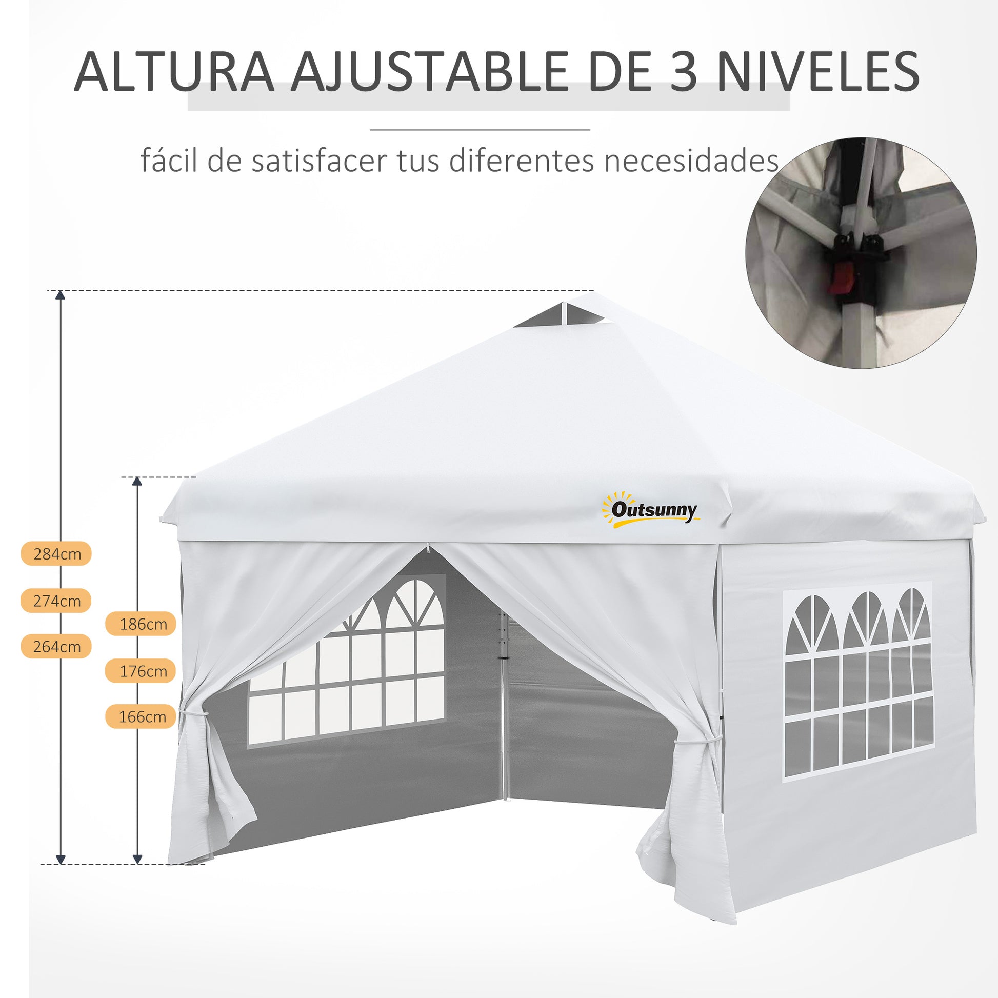 Outsunny Cenador De Jardín 3x3m Con Altura Ajustable 4 Paredes Extraíbles Blanco_5