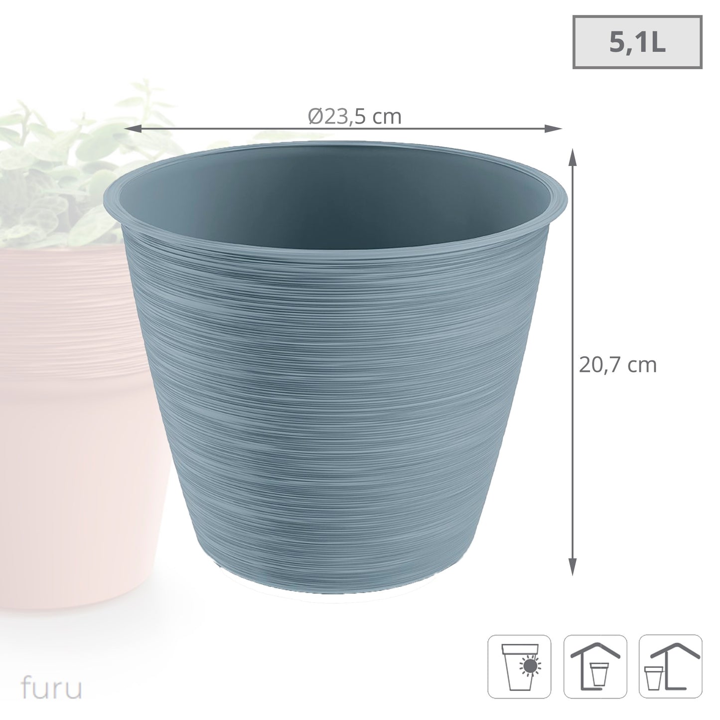 Maceta Furu 5,1l., Dimensiones (mm) 235x235x207, Color Gris Claro