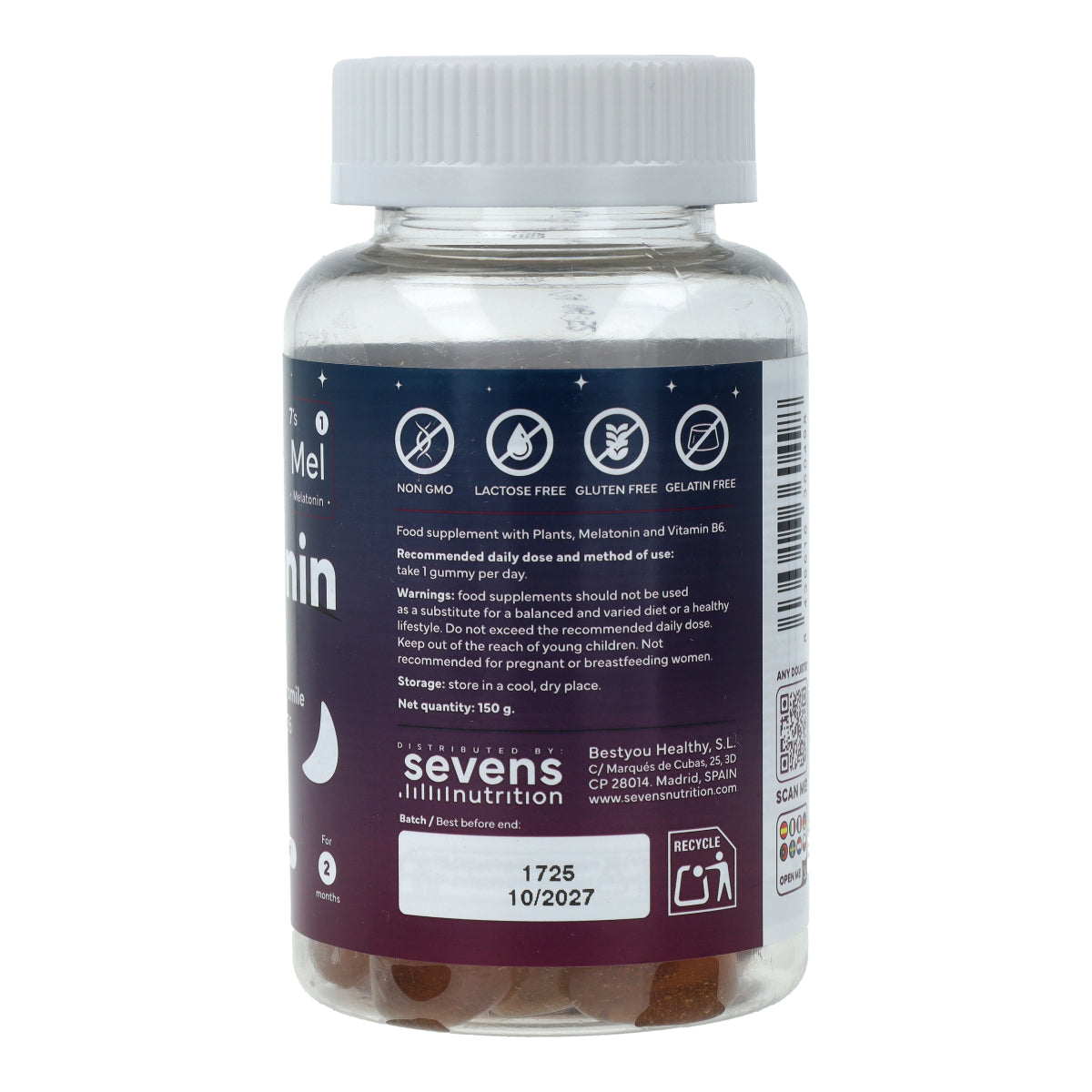Melatonina Gummies con Pasiflora Manzanilla Melisa y Vitamina B6 Sin Azúcar Sevens Nutrition 60 gummies
