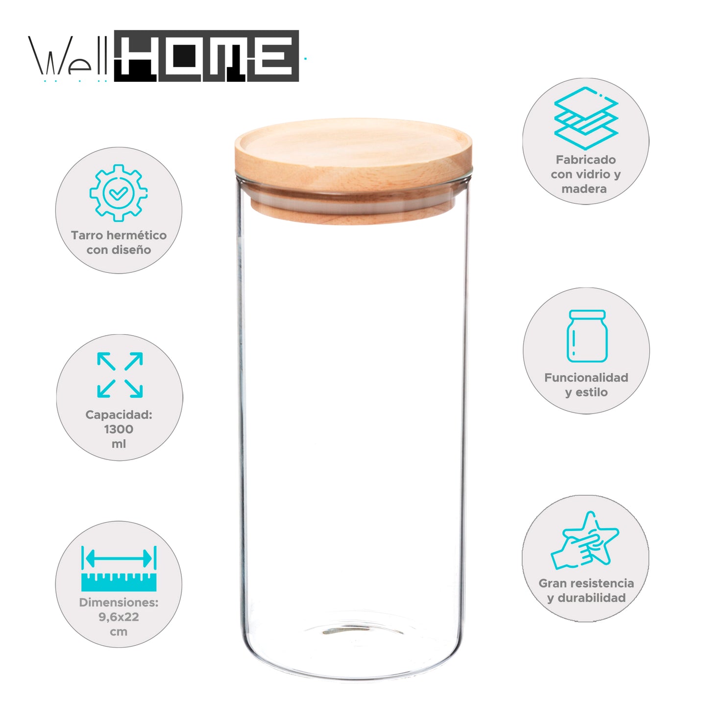 Wellhome - Tarro De Vidrio Y Madera, Cierre Hermético 1.3l_1