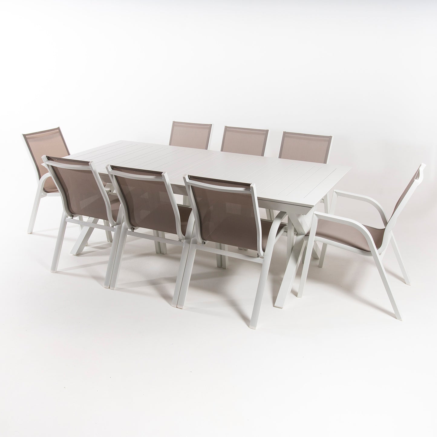 Conjunto Jardin, Mesa Extensible 215/295 Y 8 Sillones Apilables, Aluminio Blanco, Textilene Taupé , 8 Plazas_2