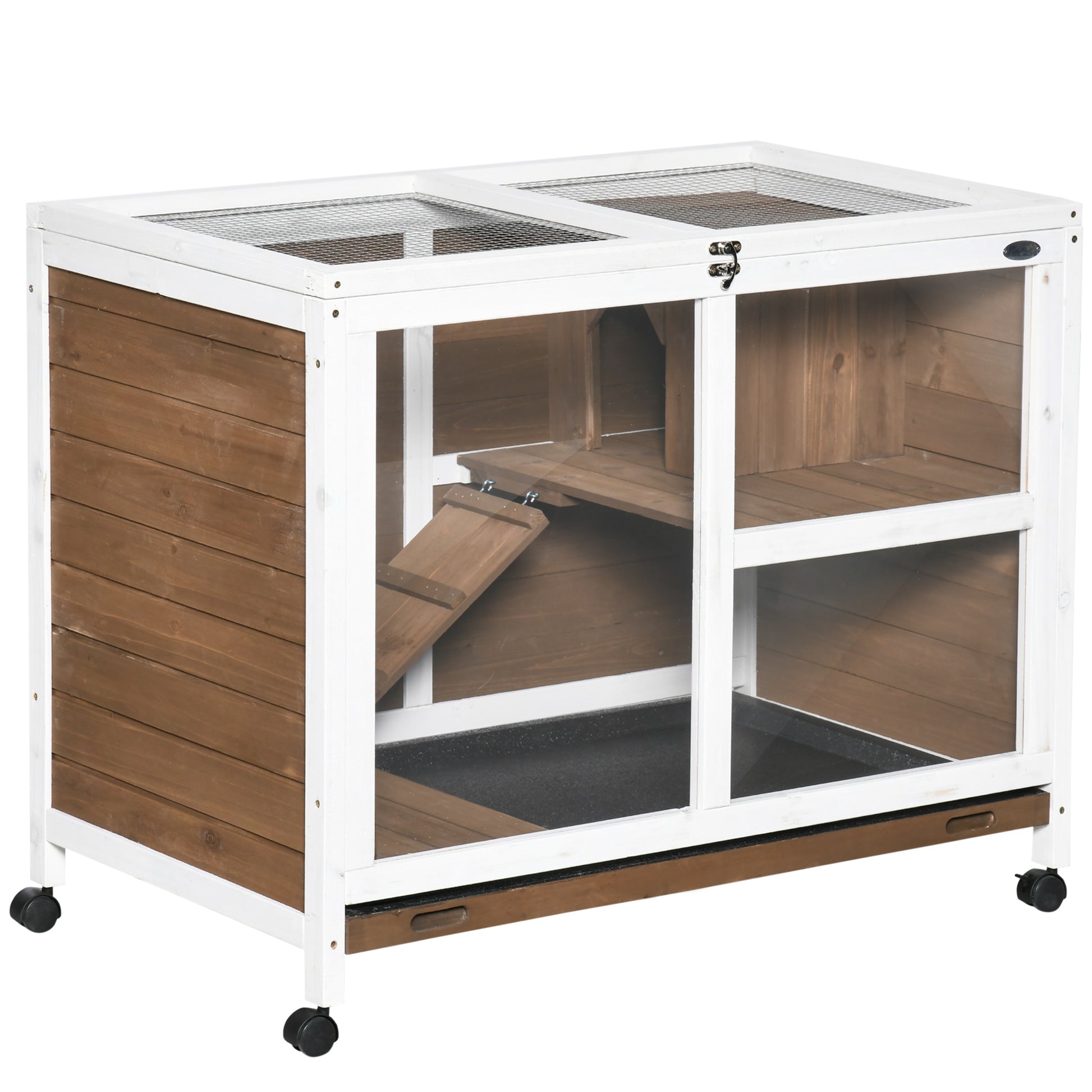 Pawhut Conejera De Madera Con Ruedas 91,5x53,3x73 Cm Techo Abatible Bandeja_0