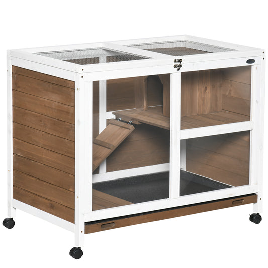 Pawhut Conejera De Madera Con Ruedas 91,5x53,3x73 Cm Techo Abatible Bandeja_0